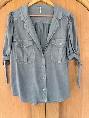 Free People Button-Front Shirt Puff Sleeves Slate Blue Size Large